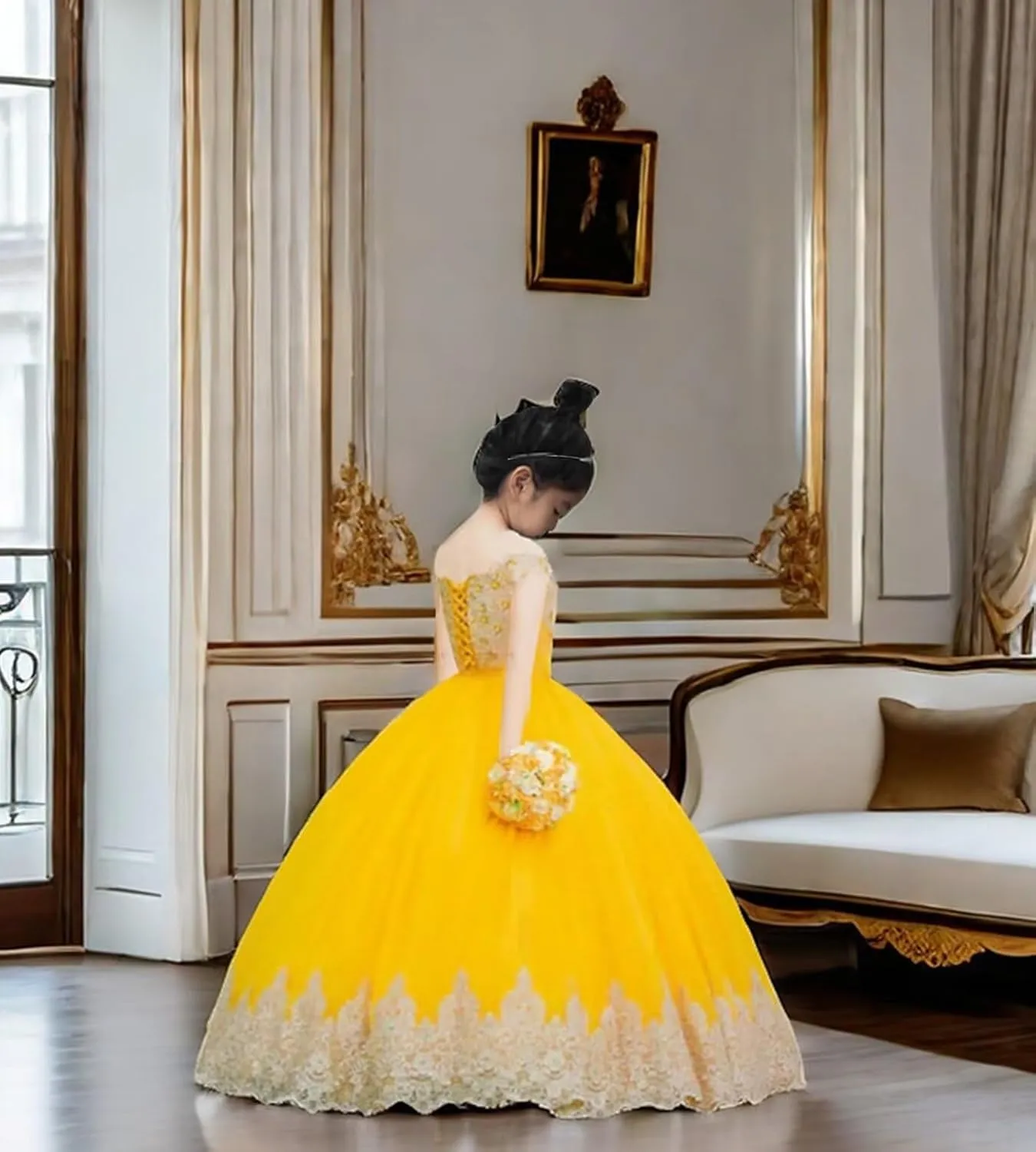 XYAYE Off Shoulder Flower Girl Dresses for Wedding Gold Lace Kids First Communion Dress Puffy Tulle Girls Ball Gown