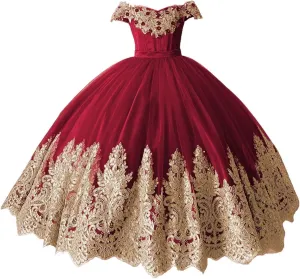XYAYE Off Shoulder Flower Girl Dresses for Wedding Gold Lace Kids First Communion Dress Puffy Tulle Girls Ball Gown