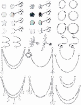 YADOCA 20G Hypoallergenic Helix Earrings For Women Surgical Steel Helix Piercing Jewelry Flat Back Stud Earrings Small Hoop Earrings Dangle with Chain Cartilage Helix Tragus Piercing Jewelry