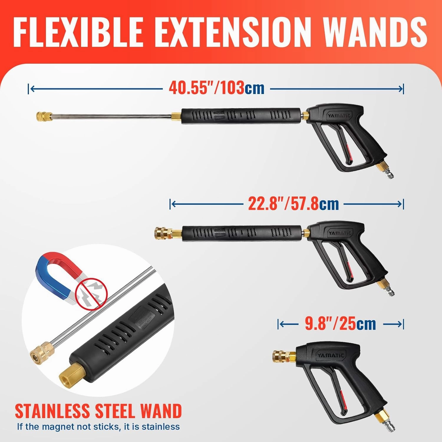 YAMATIC Pressure Washer Gun and Hose, 25 FT Flexible Hose with Stainless Steel Extension Power Washer Wand, 3/8" Swivel Quick Connect & M22-14mm Adapter Replacement for Ryobi Simpson Honda (Grey)