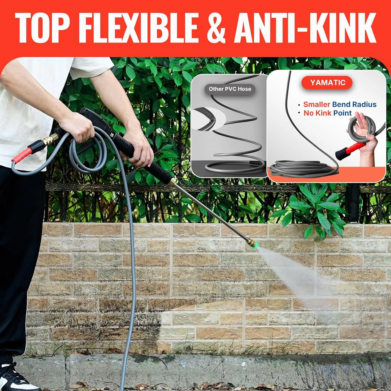 YAMATIC Pressure Washer Gun and Hose, 25 FT Flexible Hose with Stainless Steel Extension Power Washer Wand, 3/8" Swivel Quick Connect & M22-14mm Adapter Replacement for Ryobi Simpson Honda (Grey)