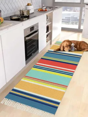 Yellow Blue Red Boho Hallway Runner Rug 2X6 Ft Kitchen Carpet, Washable Woven Throw Carpet with Tassel, Farmhouse Colorful Ombre Stripes Non-Shedding Bedroom Laundry Rugs