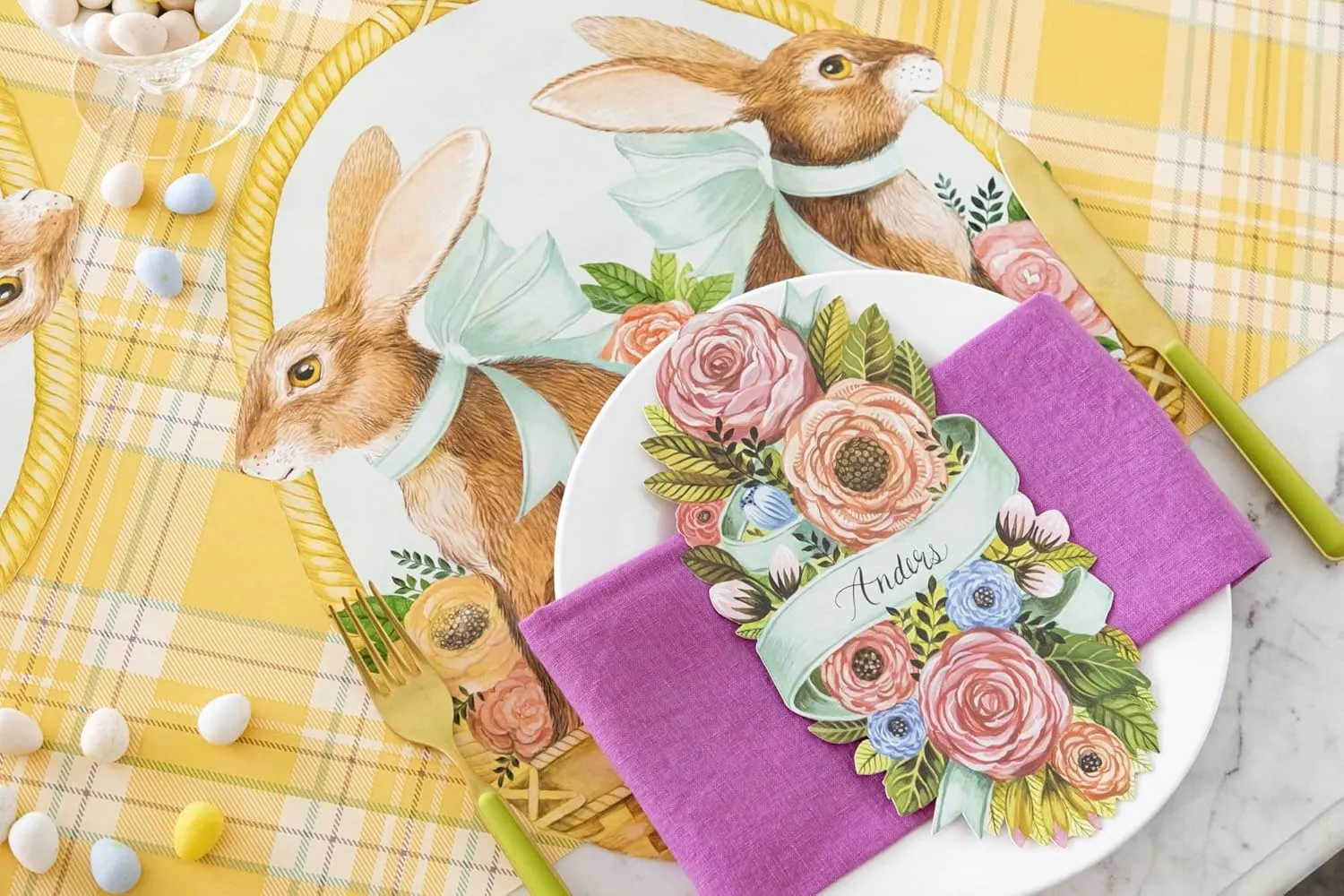 Yellow Plaid Paper Table Runner - Easter Spring Holiday Pattern for Parties or Weddings - Disposable Table Runner American Made