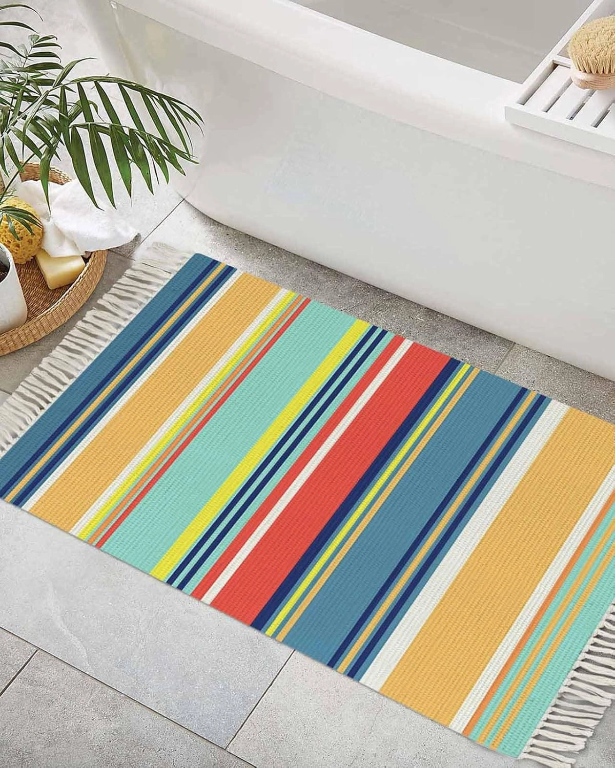 Yellow Blue Red Boho Entryway Rug 2X3 Ft Bathroom Mat, Washable Woven Throw Carpet with Tassel, Farmhouse Colorful Ombre Stripes Non-Shedding Indoor Outdoor Kitchen Doormats