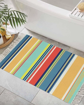 Yellow Blue Red Boho Entryway Rug 2X3 Ft Bathroom Mat, Washable Woven Throw Carpet with Tassel, Farmhouse Colorful Ombre Stripes Non-Shedding Indoor Outdoor Kitchen Doormats