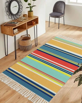 Yellow Blue Red Boho Runner Rug 3X5 Ft Bedroom Area Rug, Washable Woven Throw Carpet with Tassel, Farmhouse Colorful Ombre Stripes Non-Shedding Dining Room Living Room Carpets