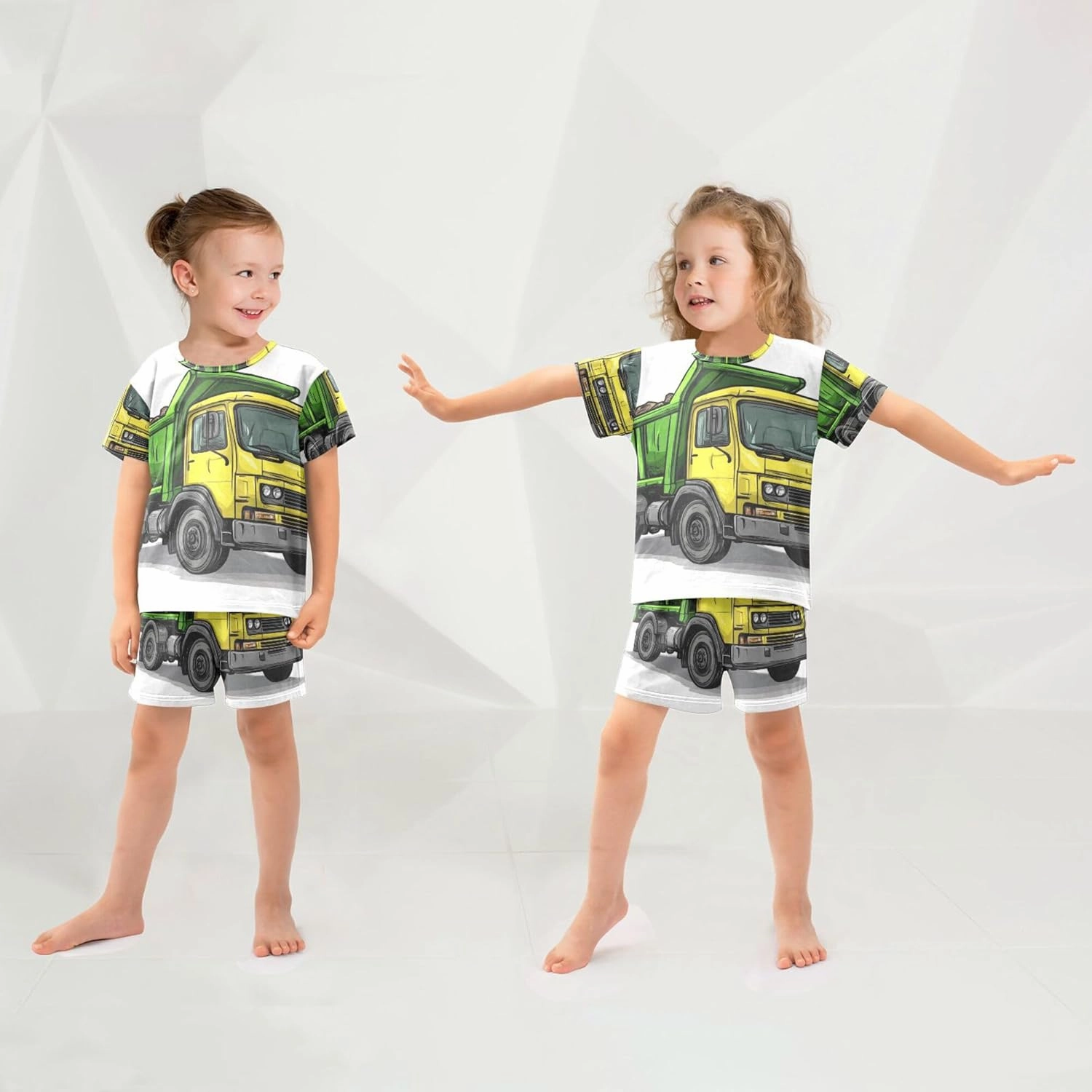 Yellow Garbage Truck Car Cute Summer Pajamas Short Set 2 Piece Sleepwear
