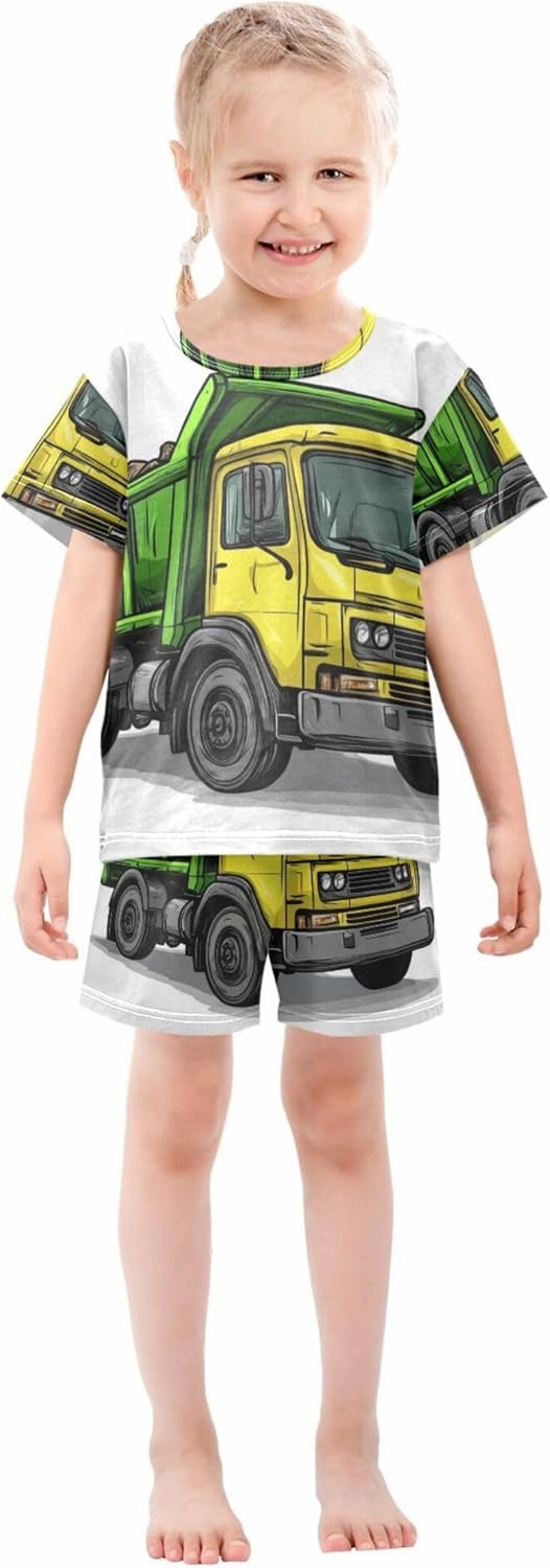 Yellow Garbage Truck Car Cute Summer Pajamas Short Set 2 Piece Sleepwear