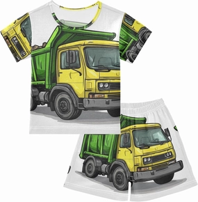 Yellow Garbage Truck Car Cute Summer Pajamas Short Set 2 Piece Sleepwear