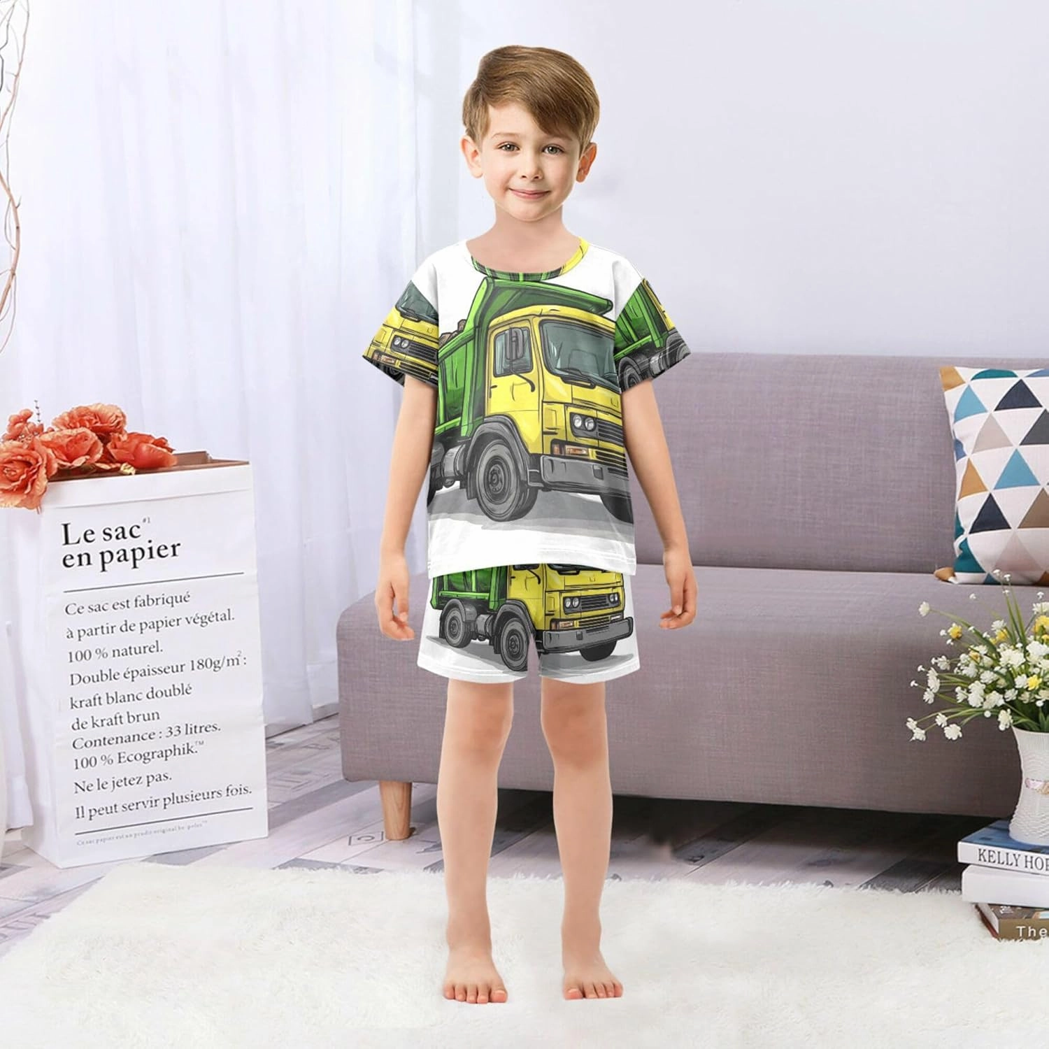 Yellow Garbage Truck Car Cute Summer Pajamas Short Set 2 Piece Sleepwear