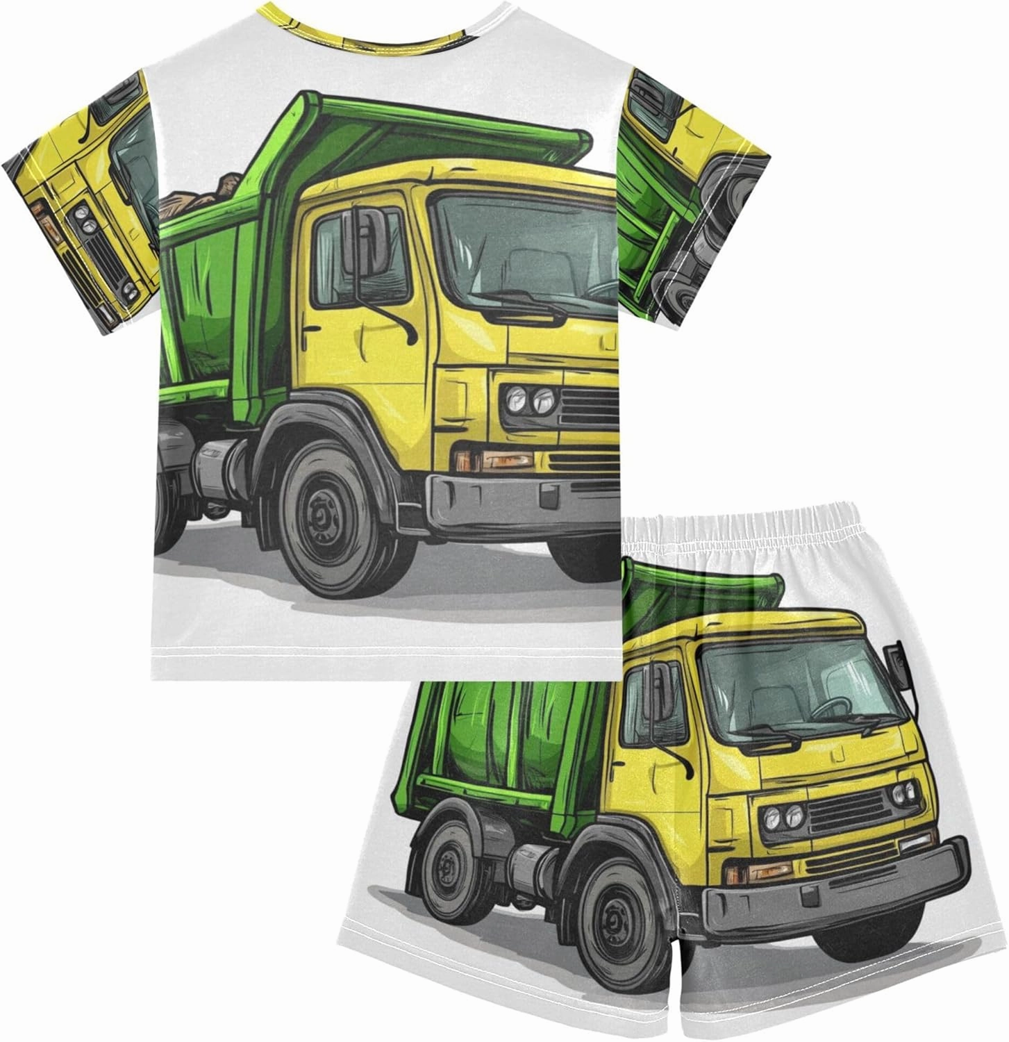 Yellow Garbage Truck Car Cute Summer Pajamas Short Set 2 Piece Sleepwear