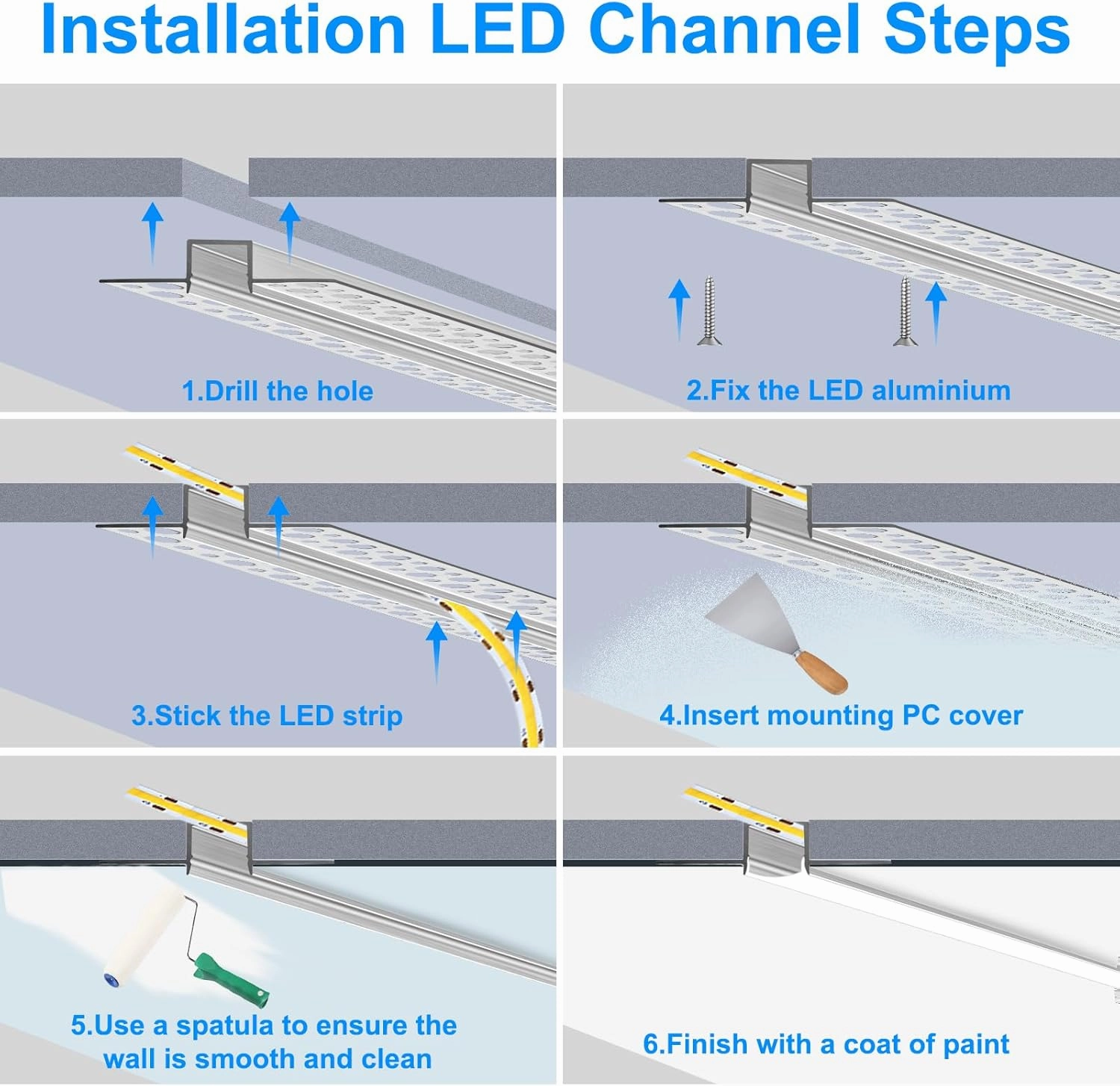 YGS-Tech Plaster-in LED Channel 6-Pack 3.3FT/1M, LED Aluminum Channel with Milky Diffuser, Trimless Recessed Drywall Aluminum Channel Diffuser Profile for Strip Light on Wall and Ceiling