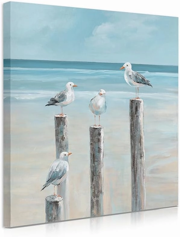 Yidepot Coastal Seagull Poster Decor- Seabird Canvas Beach wall art, Lake and Sea Ocean Themed Artwork for Bedroom Bathroom Art 12"x12"