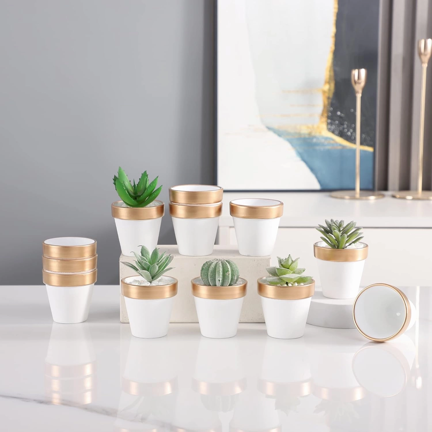 Yishang 36 pcs Small Mini White&Gold Clay Pots, 2.5'' Terracotta Pot Clay Ceramic Pottery Planter,Cactus Flower Terra Cotta Pots,Succulents Nursery Pots,with Drainage Hole, for Crafts,Wedding Favor