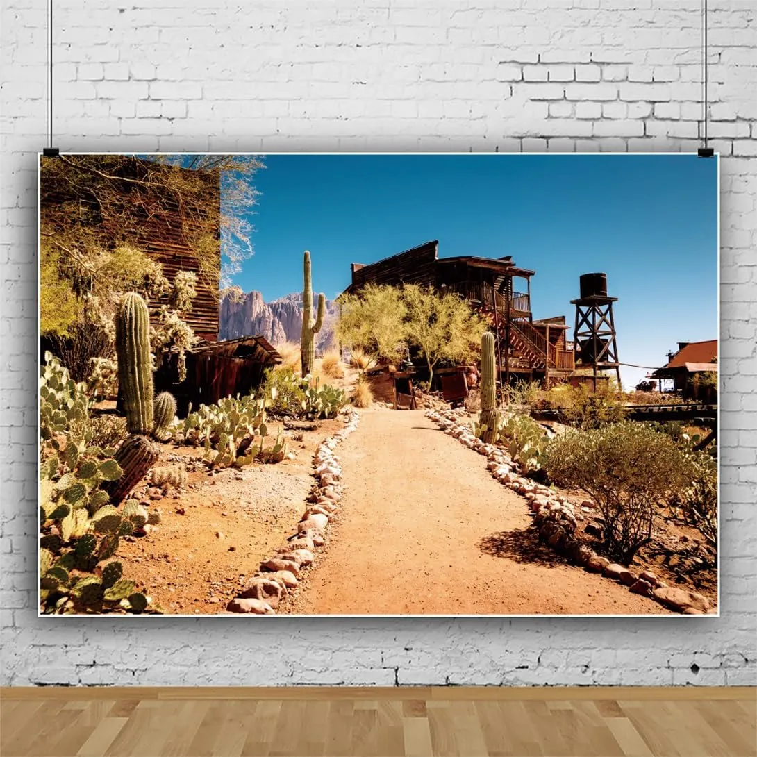 YongFoto Arizona Western Wilderness Desert Backdrop 8x6ft Blue Sky Sand Dunes Prickly Mexico Cactus Saguaro Wooden Building Photography Background Wild West Cowboy Party Banner Portrait Photoshoot