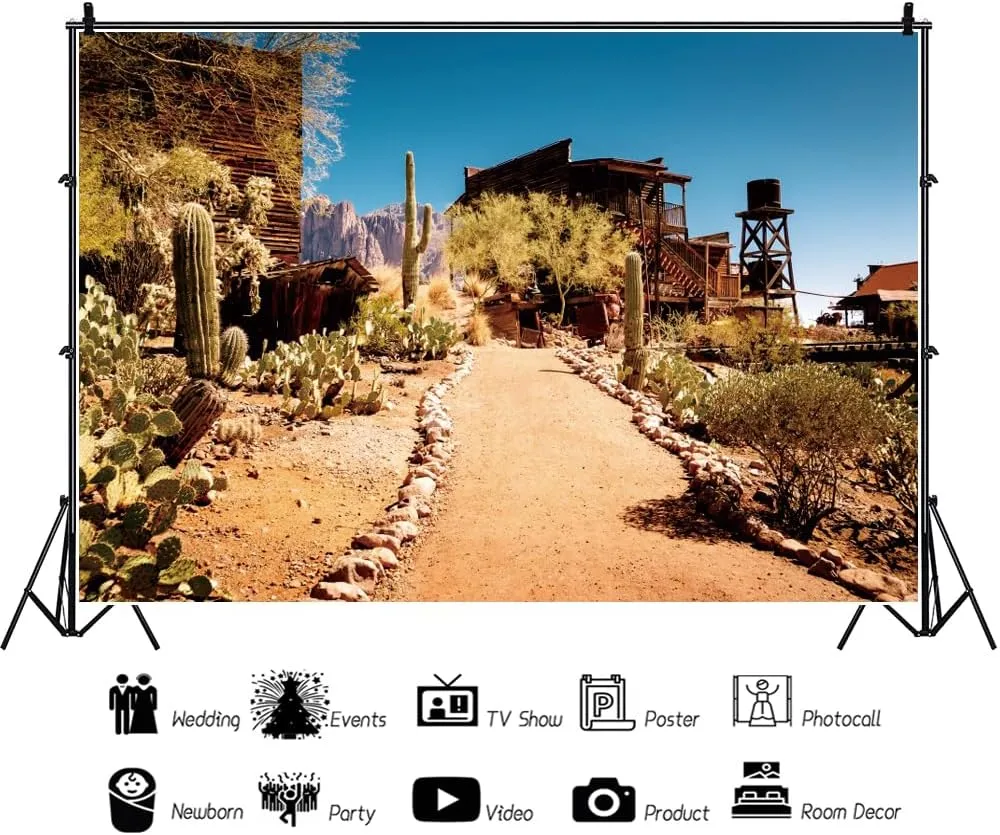 YongFoto Arizona Western Wilderness Desert Backdrop 8x6ft Blue Sky Sand Dunes Prickly Mexico Cactus Saguaro Wooden Building Photography Background Wild West Cowboy Party Banner Portrait Photoshoot