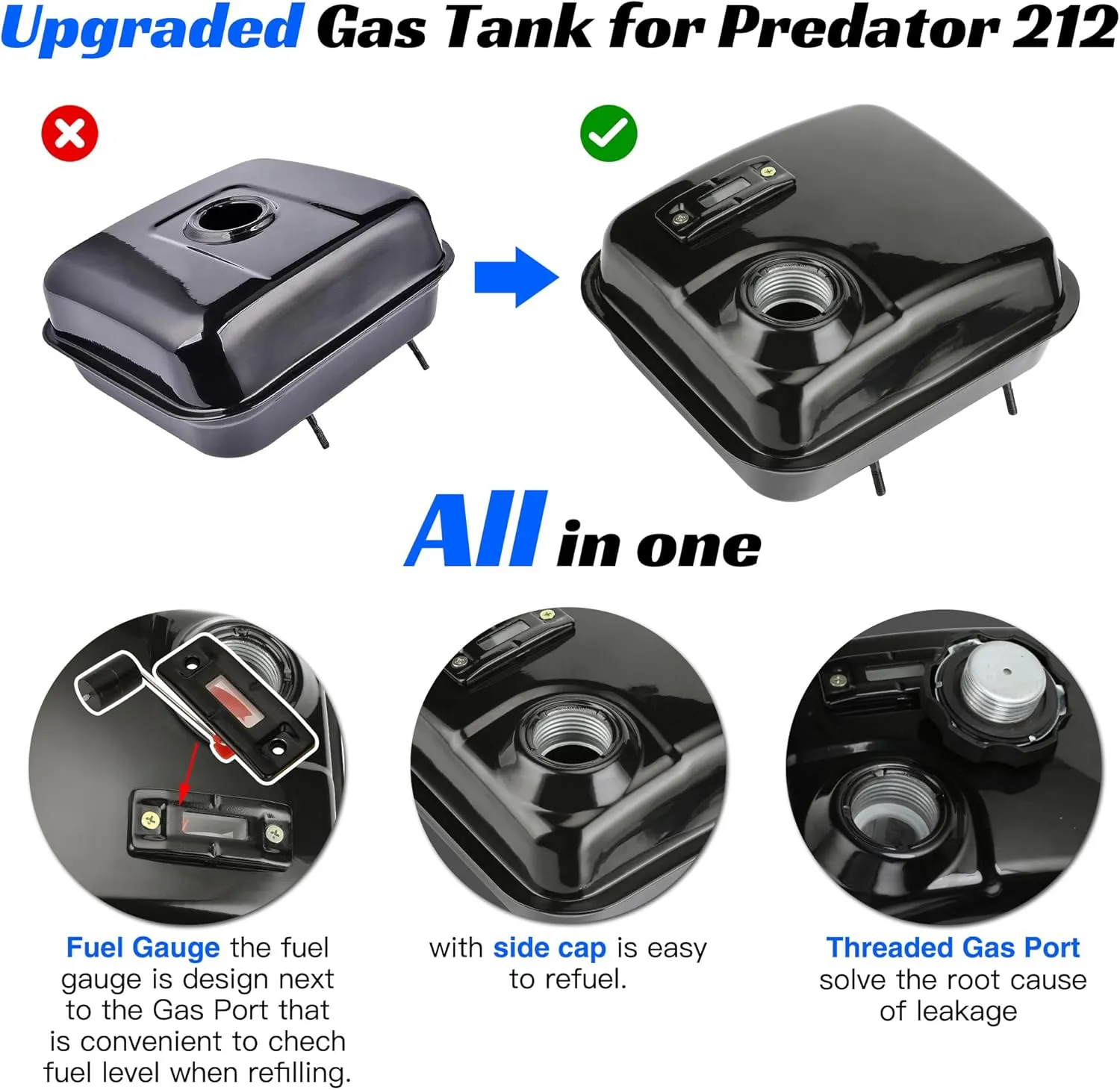YOXUFA Gas Fuel Tank with Fuel Gauge for Predator 212 Hemi Ghost 224cc Engine Coleman CT200U CT200U-EX BT200X KT196 Baja Warrior MB200 196cc 200cc Mini Bike Go Kart GX160 GX200 Parts