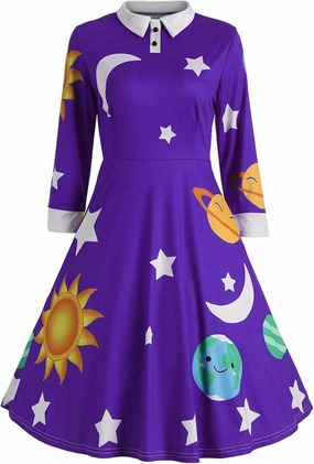 ZEZCLO Women's Long Sleeve Peter Pan Collar A-line Dress Halloween Costume Vintage Solar System Fit and Flare Dresses