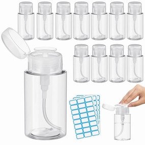 Zhehao 24 Pcs Push Down Pump Dispenser Nail Polish Remover Pump Lockable Empty Bottle Refillable Clear Cosmetic Container with Label for Liquid Acetone Nail Polish and Makeup Remover, 6.8 oz/ 200 ml